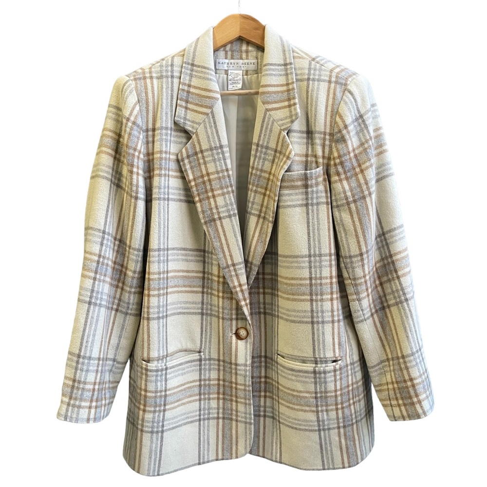 Vintage Tartan Plaid Wool Blend Blazer Boxy Preppy Structural Neutral Size L/XL - Picture 7 of 15